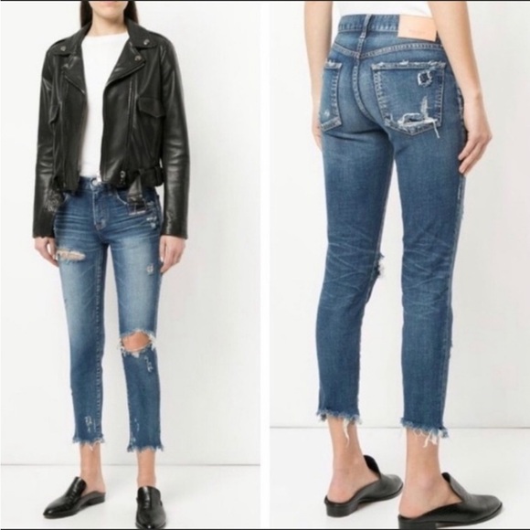 Moussy MV Tapered Ridgewood Distressed Blue Jeans Raw Hem Sz 26